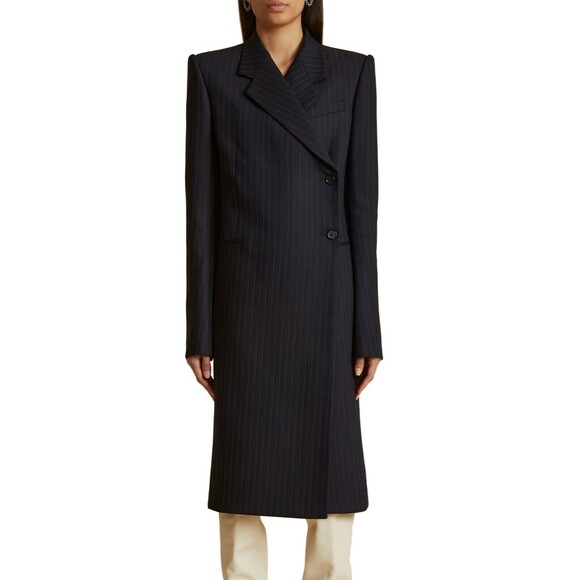 $2600 Khaite Kento Women's Double-Breasted Virgin Wool Coat Navy Striped Size 6 - Picture 3 of 6